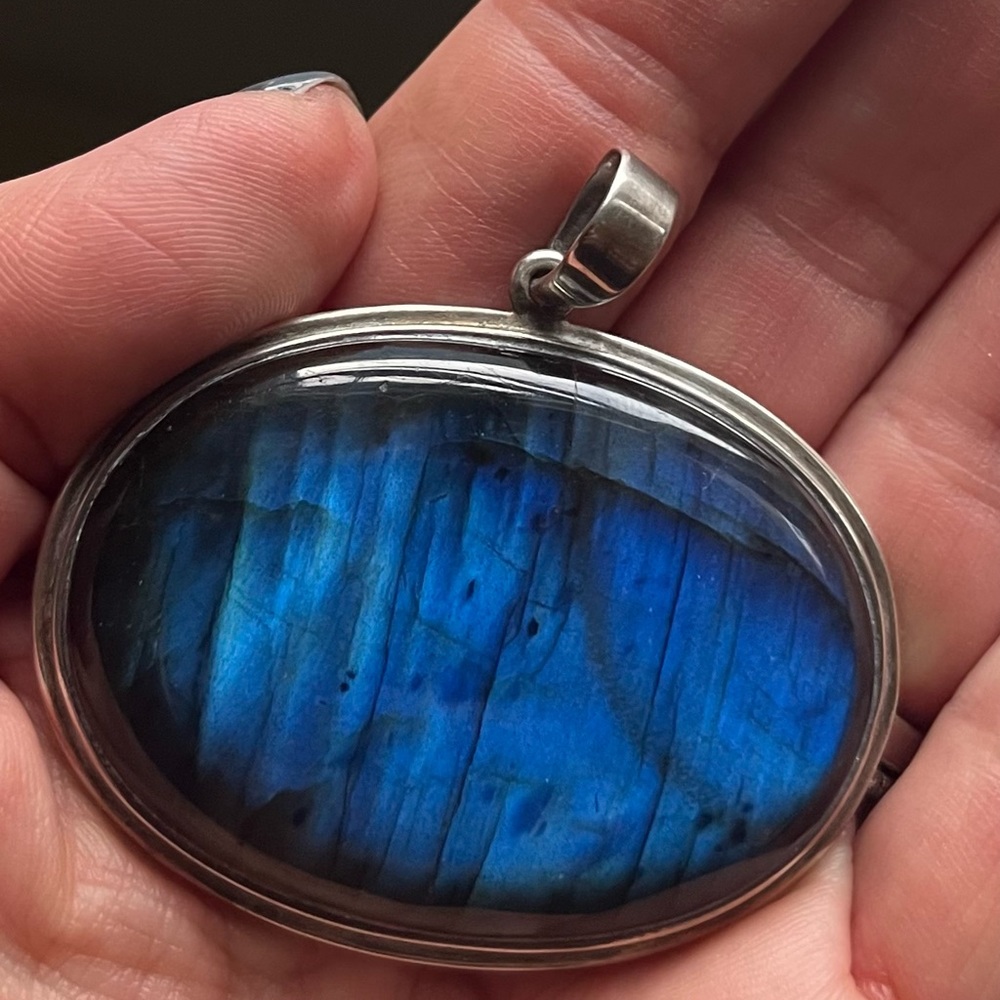 Labradorite and Sterling Silver sideways oval pendant, 2 inches wide